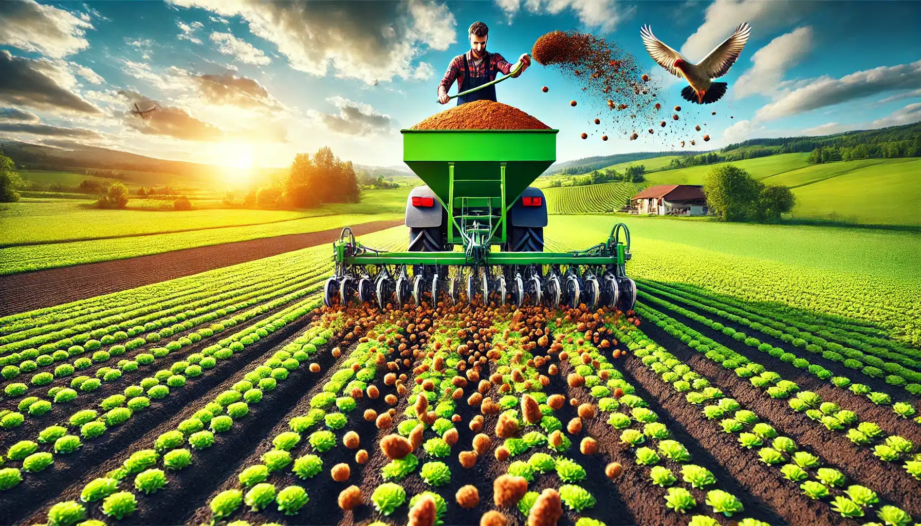 بهترین زمان مصرف کود مرغی 3 کشاورزی در حال پخش کود مرغی در مزرعهای سرسبز و حاصلخیز با محصولات سالم، نمادی از کشاورزی پایدار و ارگانیک.