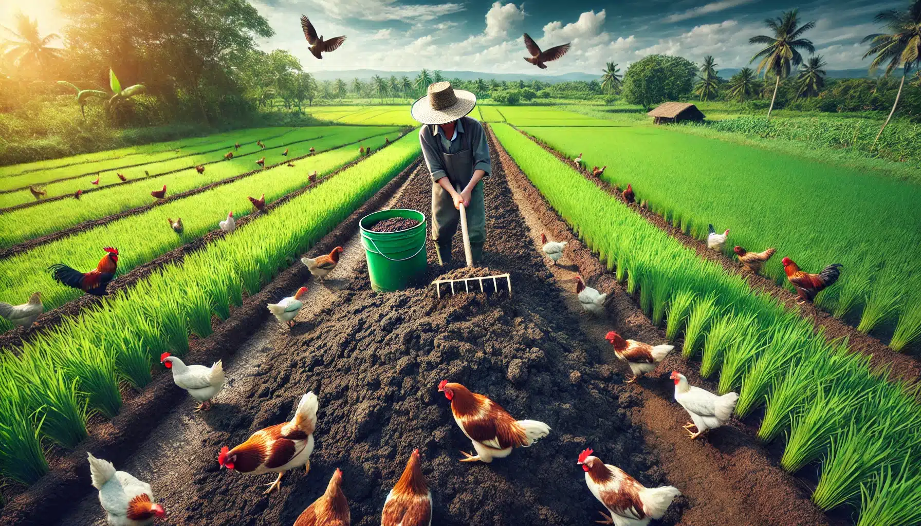 کشاورزی در حال پخش کود مرغی در مزرعه‌ای سرسبز و حاصلخیز با محصولات سالم، نمادی از کشاورزی پایدار و ارگانیک.