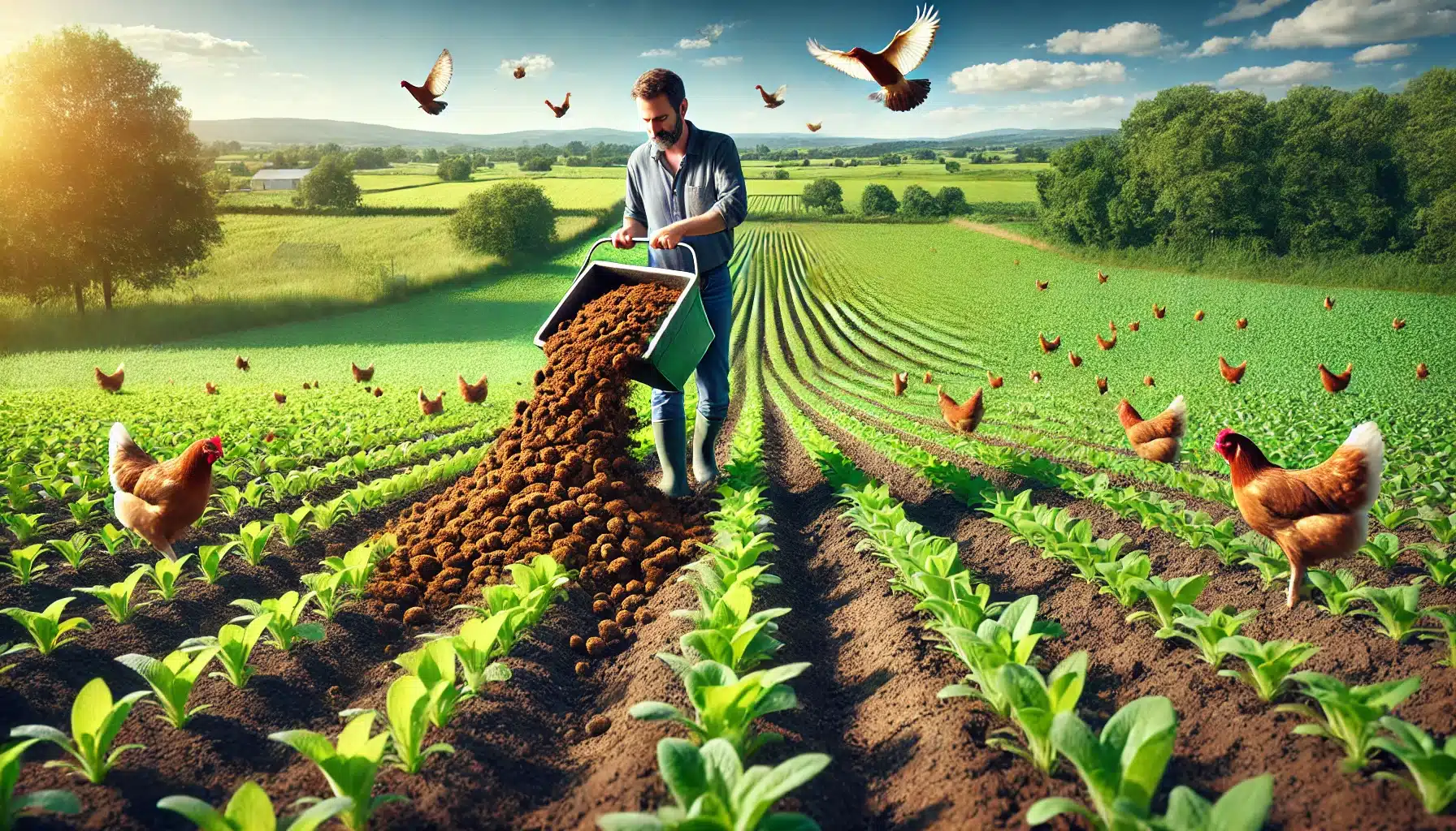 بهترین زمان مصرف کود مرغی 2 کشاورزی در حال پخش کود مرغی در مزرعهای سرسبز و حاصلخیز با محصولات سالم، نمادی از کشاورزی پایدار و ارگانیک.