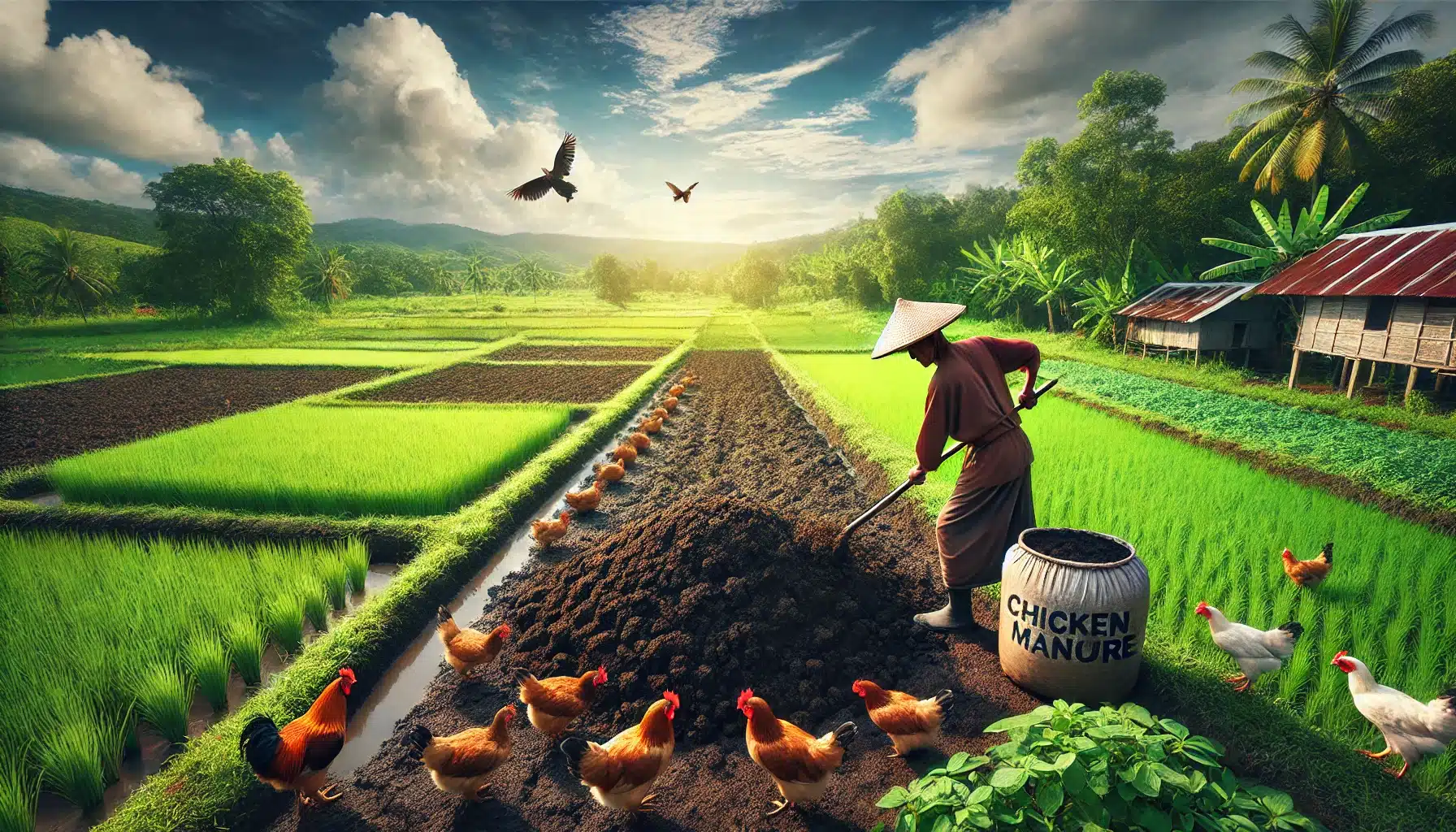 بهترین زمان مصرف کود مرغی 1 کشاورزی در حال پخش کود مرغی در مزرعهای سرسبز و حاصلخیز با محصولات سالم، نمادی از کشاورزی پایدار و ارگانیک.