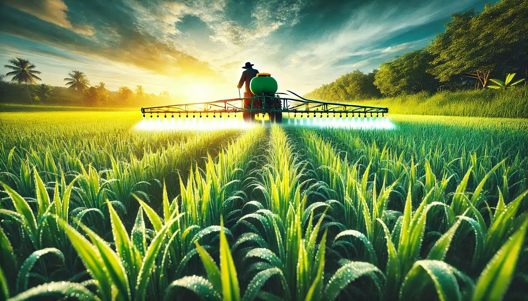 چه زمانی نباید از آمینو اسید برای گیاهان استفاده کنیم؟ 1 تصویری زیبا از یک مزرعه سرسبز که یک کشاورز در حال اسپری کردن کود حاوی آمینو اسید روی محصولات است. مخزن اسپری حاوی متن "Amino Acid Fertilizer" نمایش داده شده و محیط مزرعه نشاندهنده پویایی و بهرهوری در کشاورزی است.