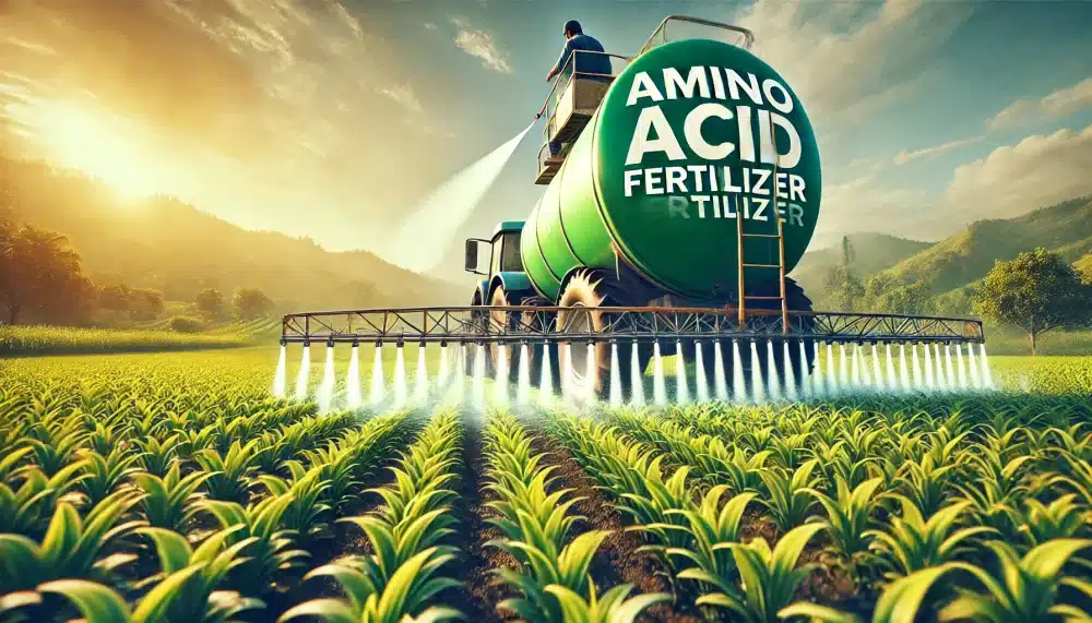 تصویری زیبا از یک مزرعه سرسبز که یک کشاورز در حال اسپری کردن کود حاوی آمینو اسید روی محصولات است. مخزن اسپری حاوی متن "Amino Acid Fertilizer" نمایش داده شده و محیط مزرعه نشان‌دهنده پویایی و بهره‌وری در کشاورزی است.