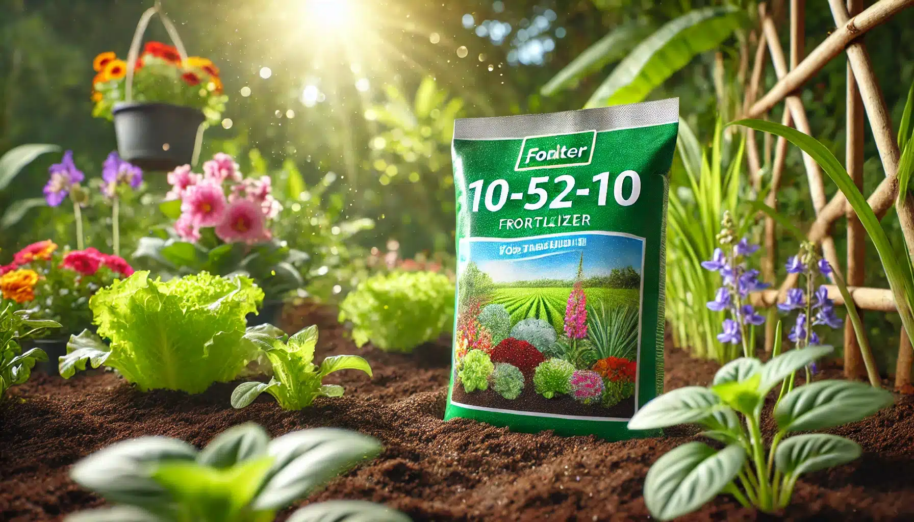 کود 10-52-10 و فواید آن 3 بستهبندی کود 10-52-10 روی میز چوبی، احاطه شده با گیاهان سبز و گلهای رنگارنگ.