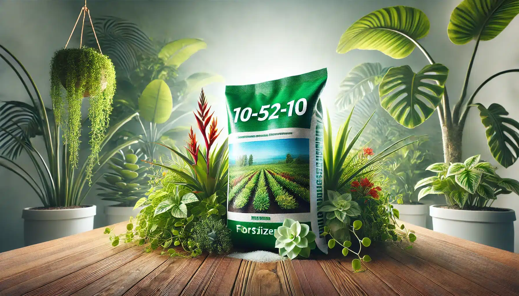 کود 10-52-10 و فواید آن 4 بسته کود 10-52-10 روی سطح چوبی، احاطه شده با گلهای شکوفا و گیاهان سبز.