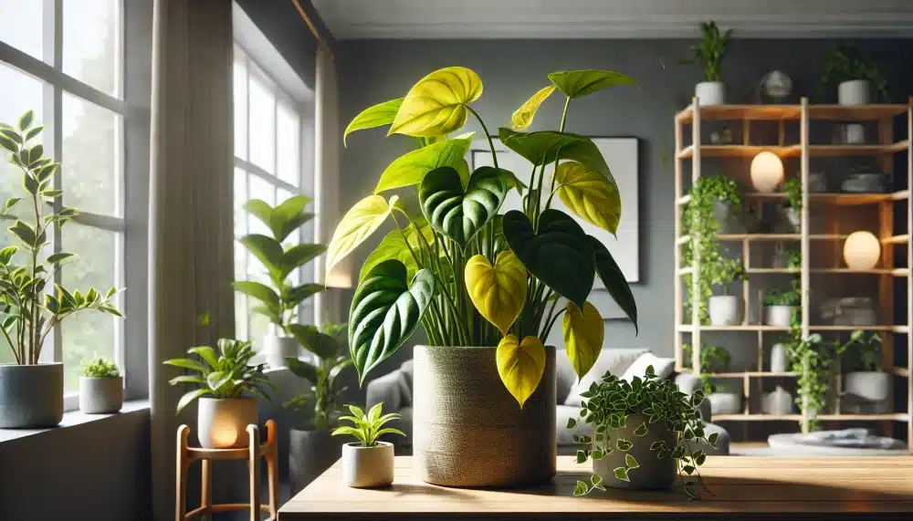 علت زرد شدن برگ پتوس - نمای کلی از گیاه پتوس با برگ‌های زرد در محیط داخلی مدرن