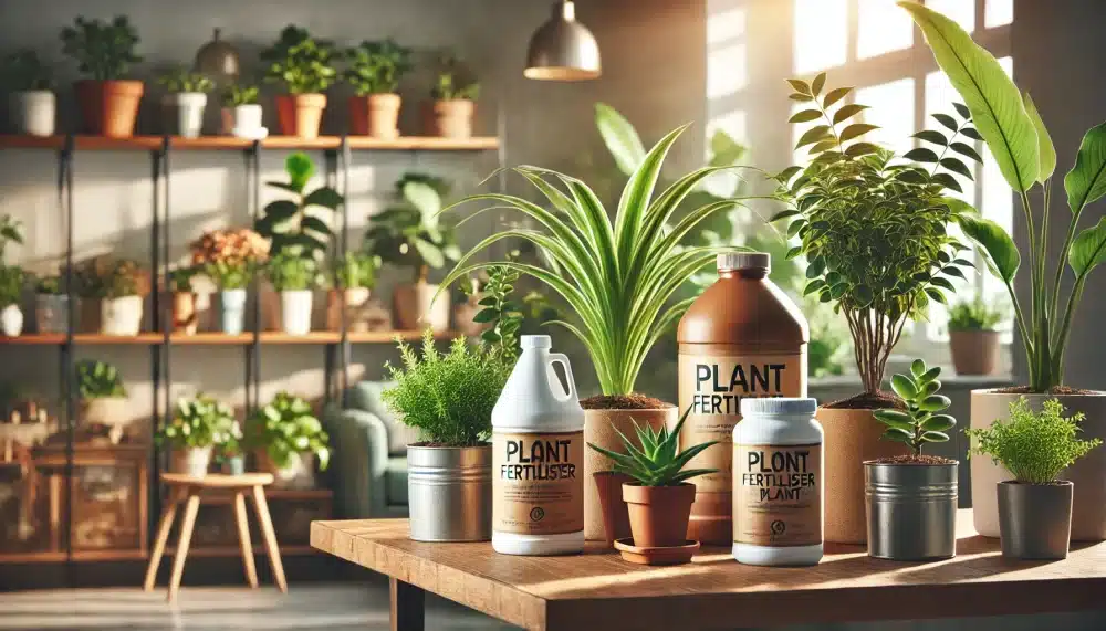 بهترین کود برای گیاهان آپارتمانی – تصویر چندین بطری کود گیاهی در کنار گیاهان سبز در یک فضای داخلی روشن با نور طبیعی