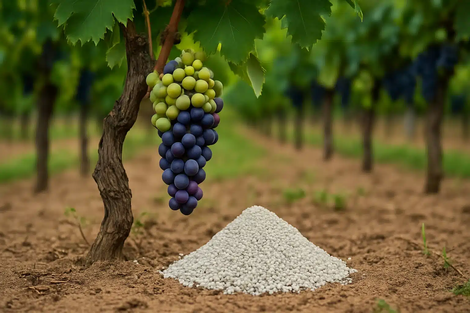 خوشه انگور در تاکستان به همراه کود دانه‌ای روی خاک