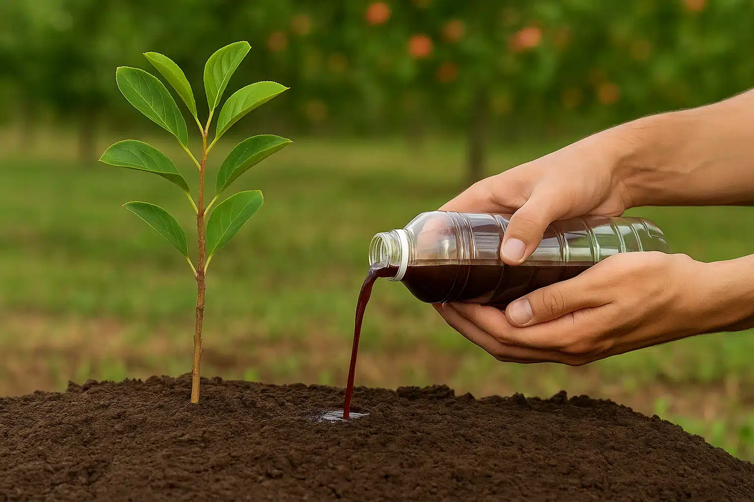 ریختن کود مایع ارگانیک پای نهال جوان در باغ میوه