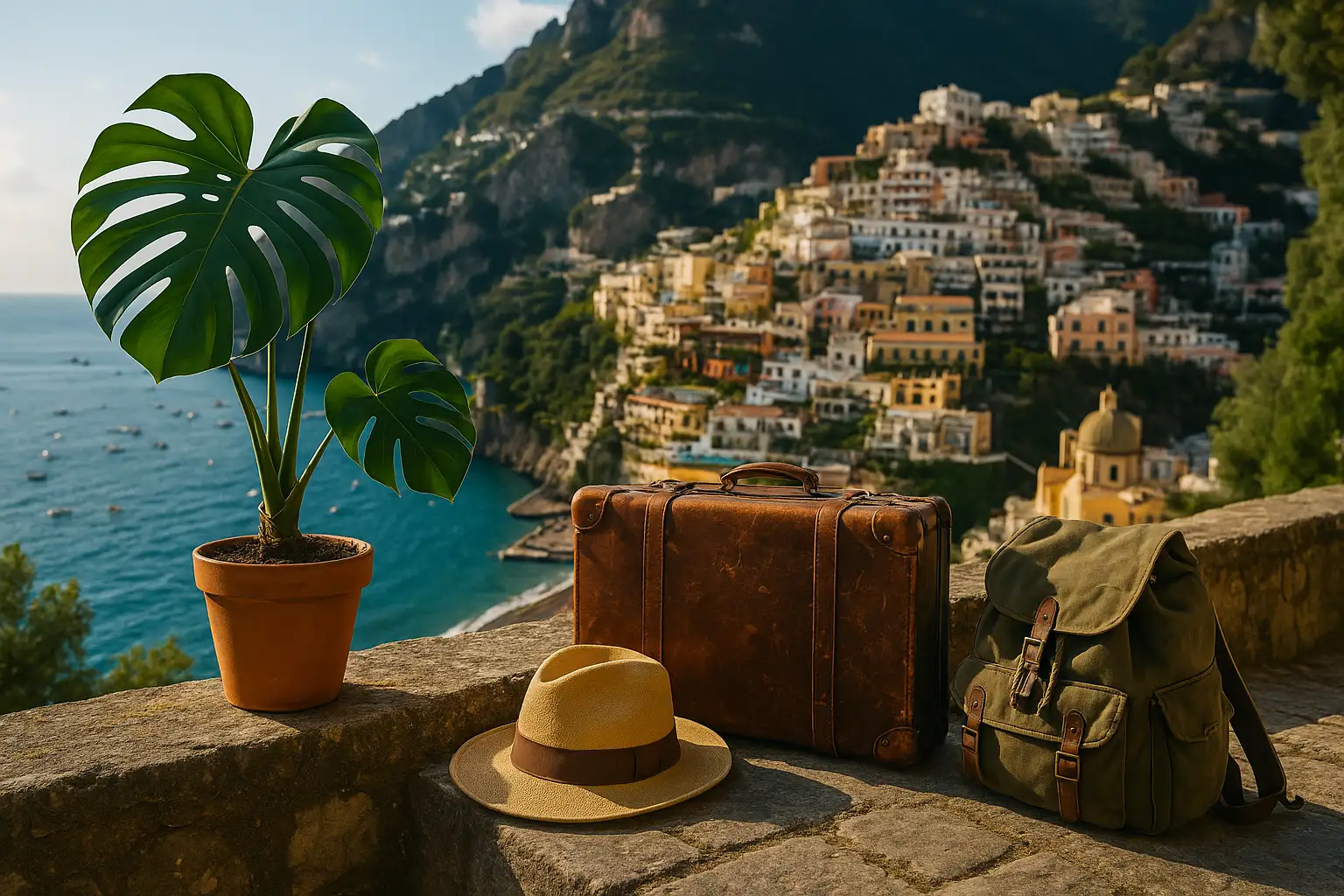 گیاه بابا آدم در گلدان سفالی کنار چمدان، کوله و نمای شهری کنار دریا