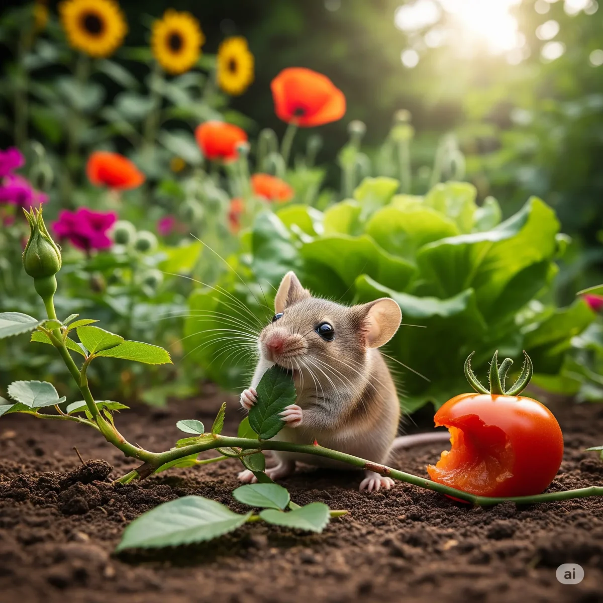 تصویر یک موش در حال آسیب زدن به باغ